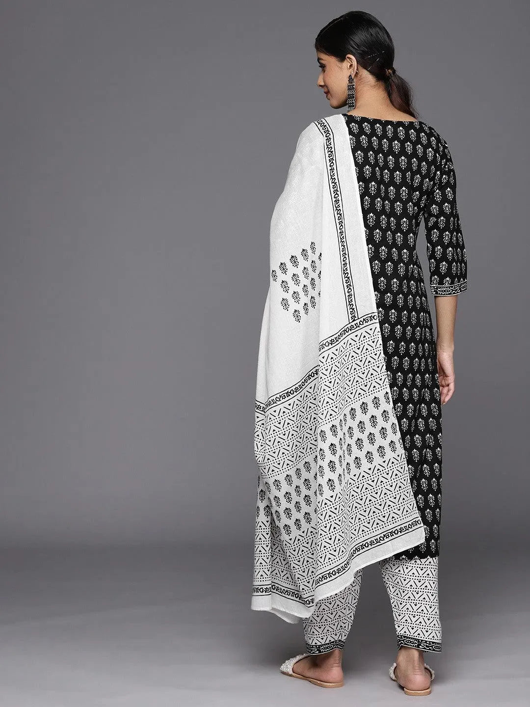Black Printed Cotton Straight Suit Set With Salwar - Libas 