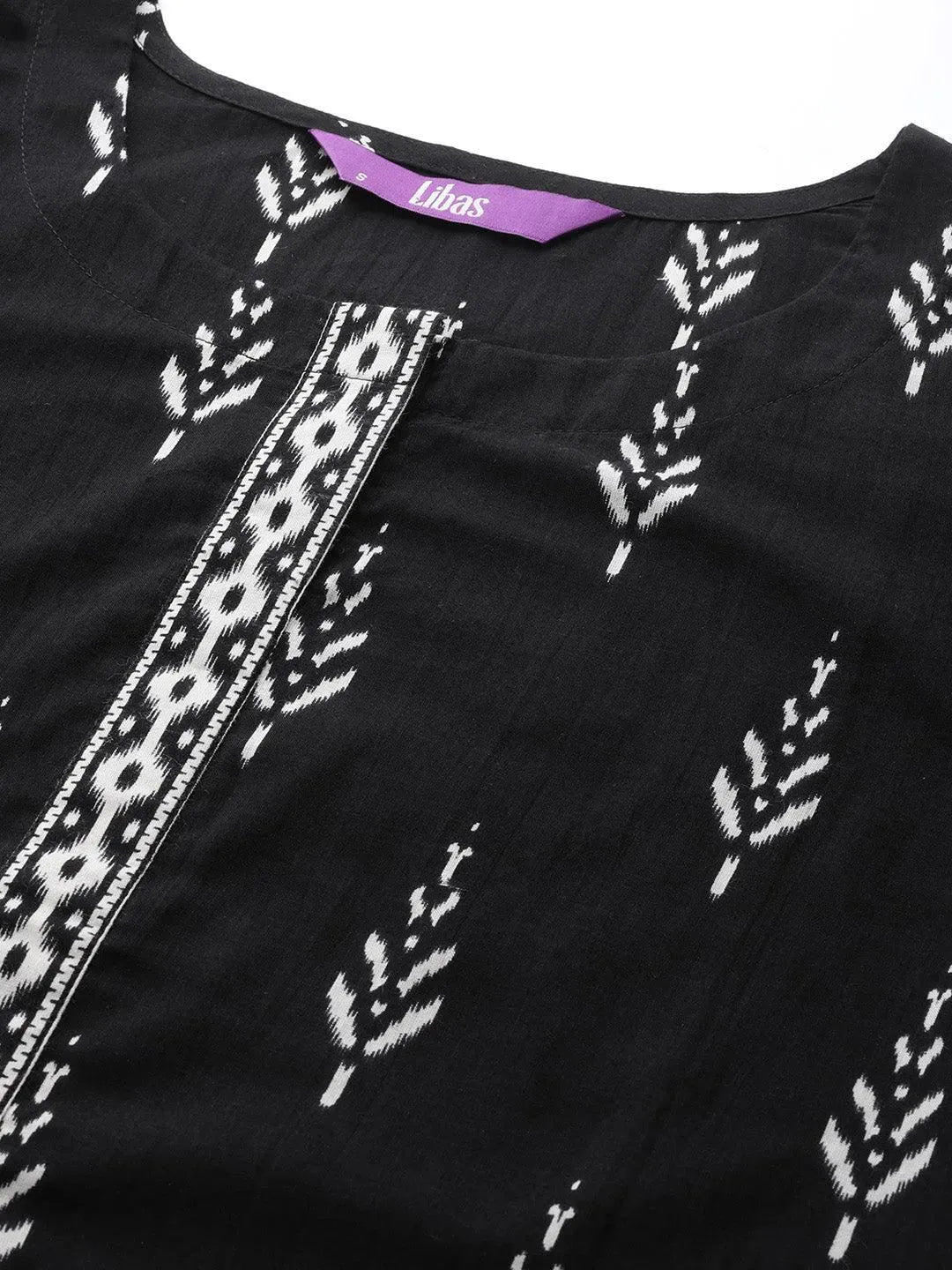 Black Printed Cotton Straight Kurta With Salwar & Dupatta - Libas