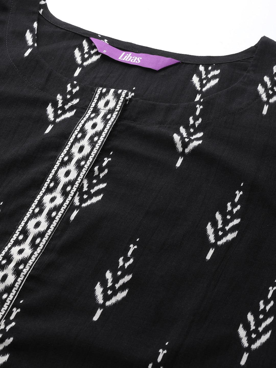 Black Printed Cotton Straight Kurta With Salwar & Dupatta - Libas