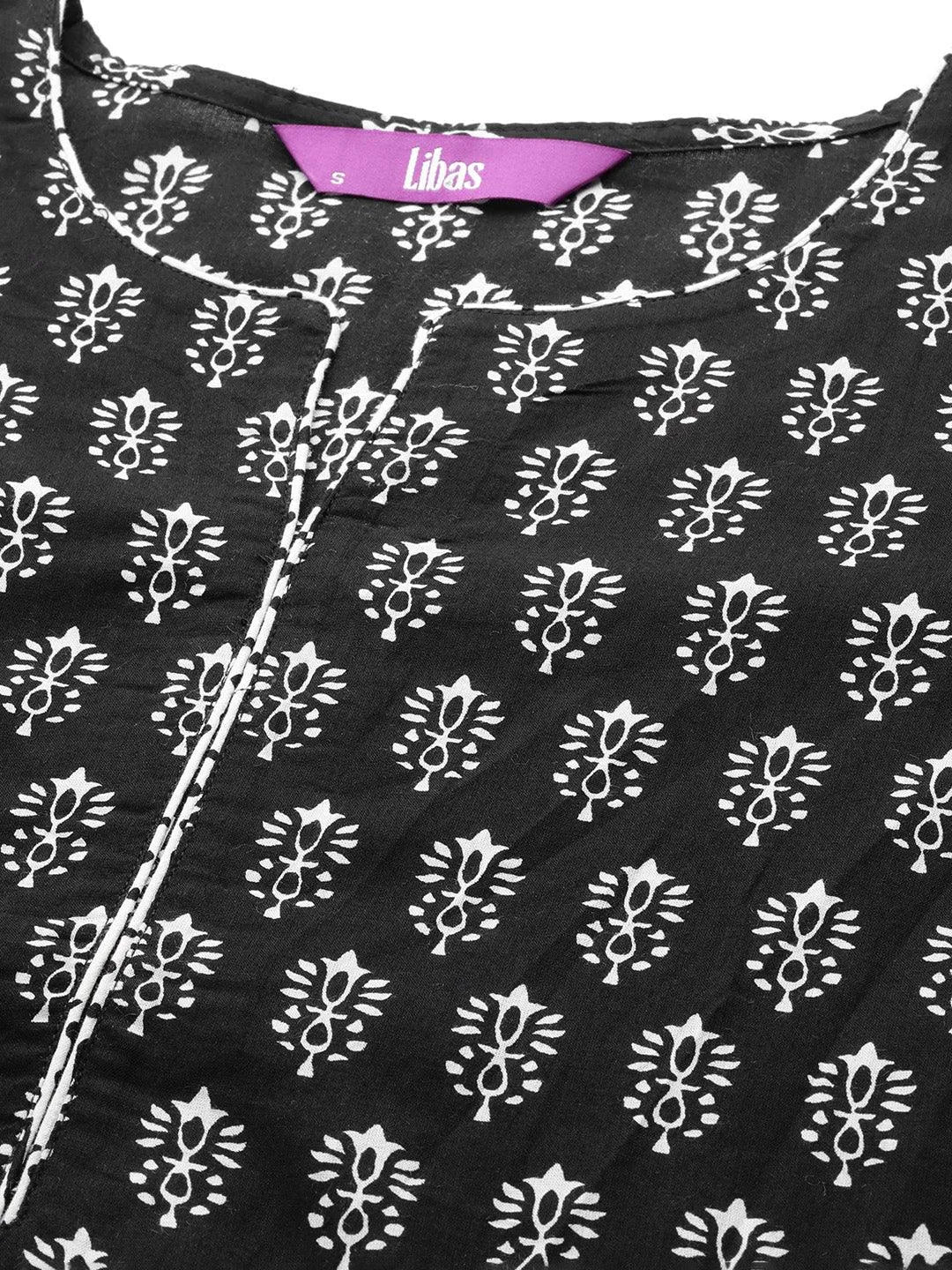 Black Printed Cotton Straight Suit Set With Salwar - Libas 