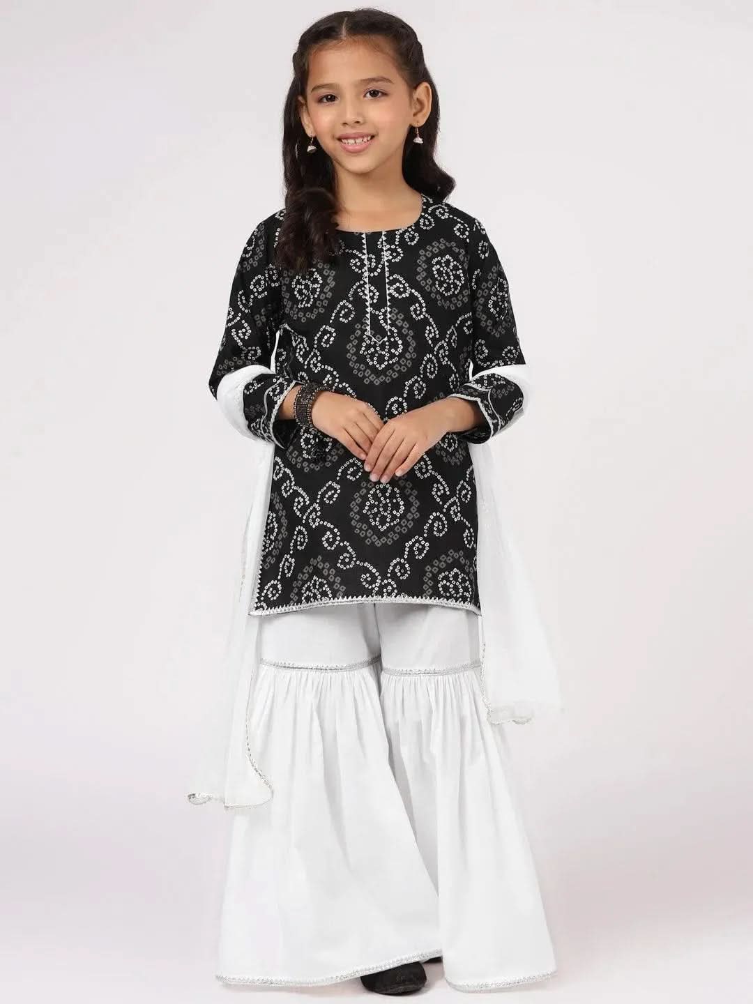 Girls Ethnic Motifs Printed Flared Sleeves Straight Kurta With Sharara Dupatta