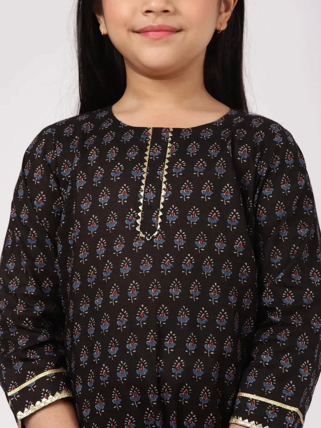 Black Printed Cotton Straight Suit Set - Libas 