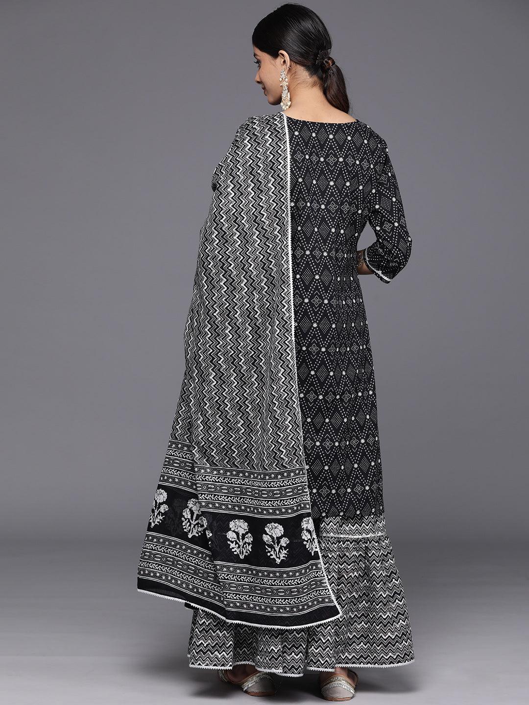 Black Printed Cotton Straight Kurta With Skirt & Dupatta