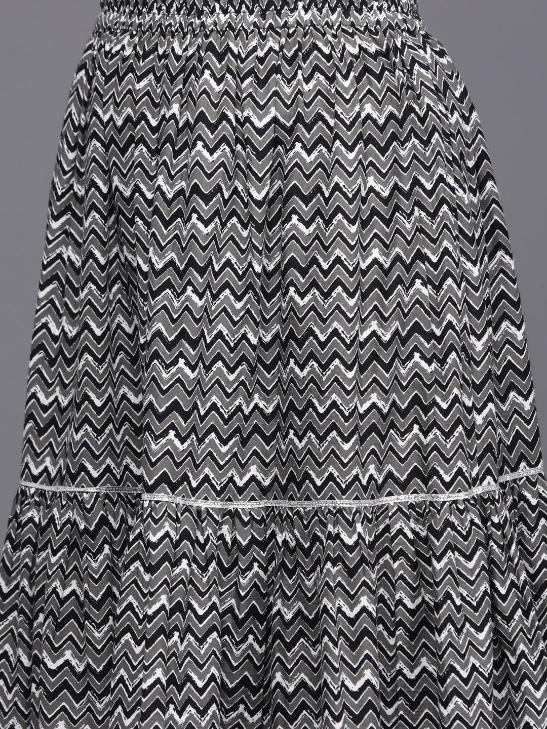 Black Printed Cotton Straight Kurta With Skirt & Dupatta