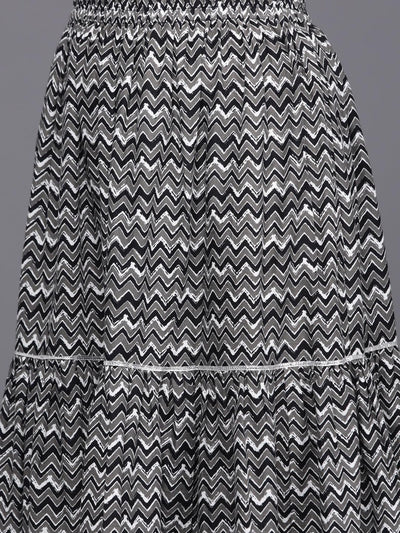 Black Printed Cotton Straight Kurta With Skirt & Dupatta - Libas