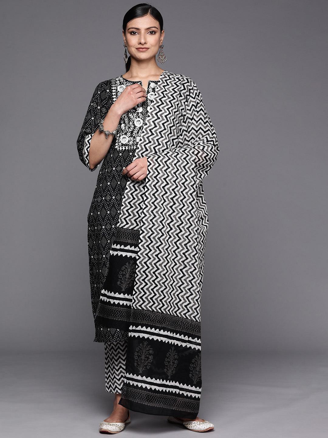 Black Printed Cotton Straight Suit Set With Trousers - Libas
