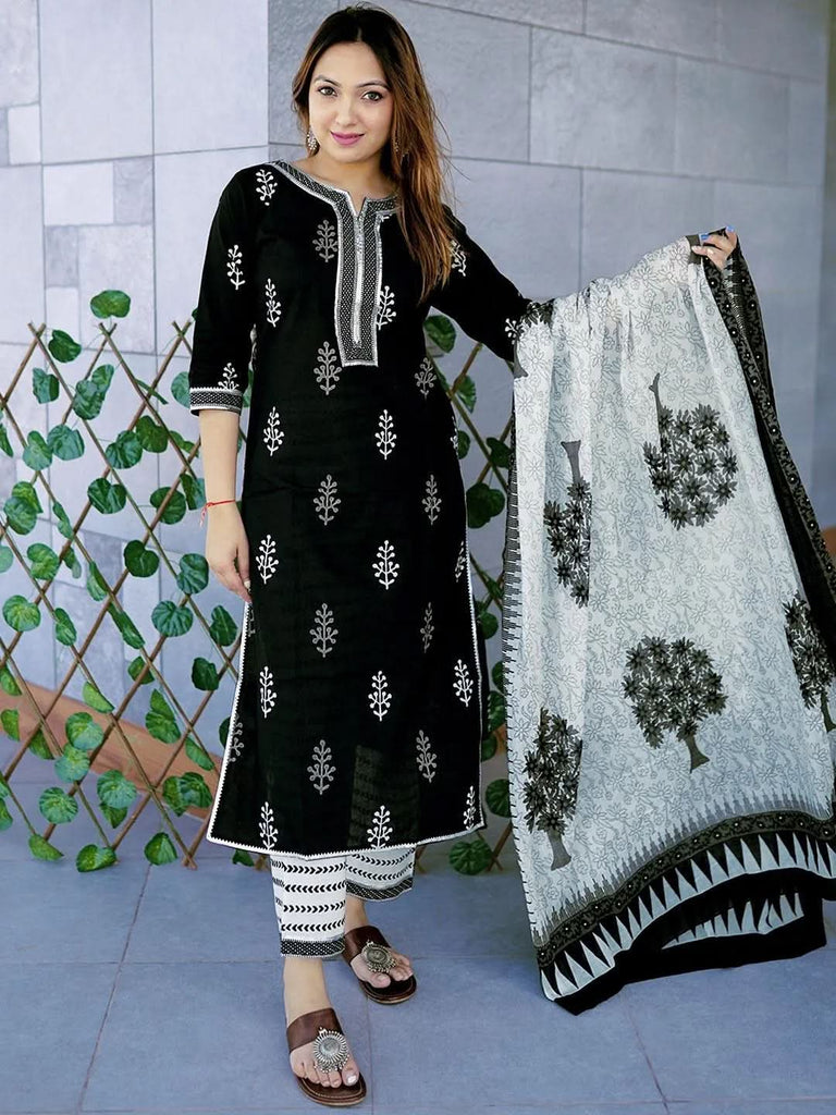 Libas Black Printed Cotton Straight Kurta With Trousers & Dupatta