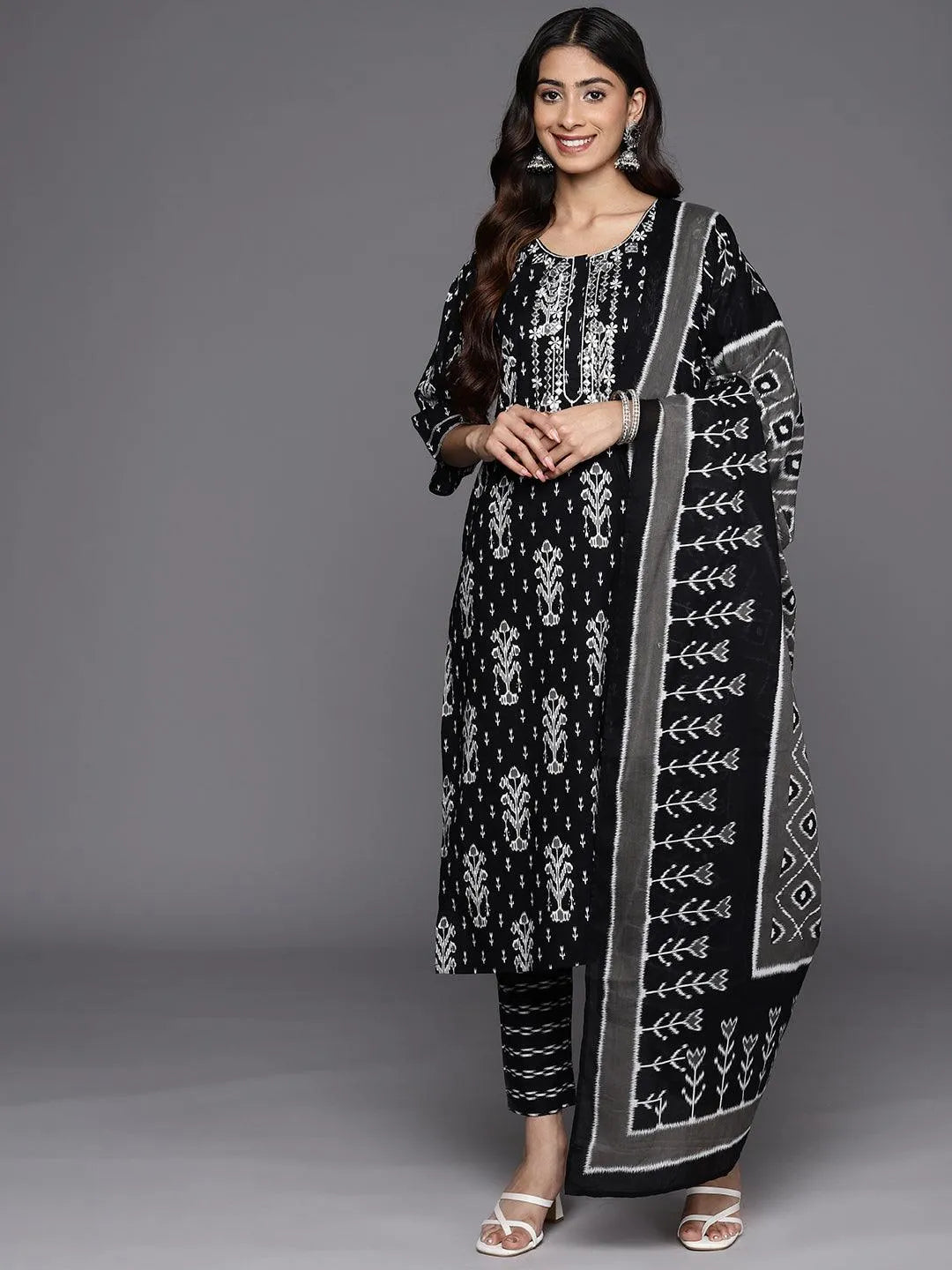 Black Printed Cotton Straight Suit Set With Trousers - Libas