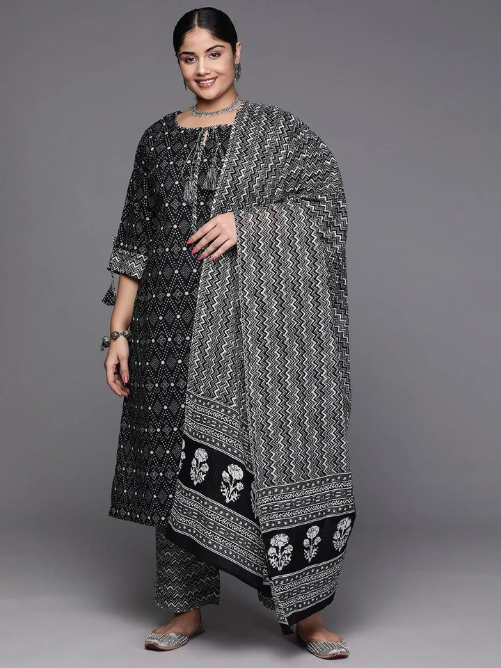 Black Yoke Design Cotton Straight Kurta With Trousers & Dupatta - Libas
