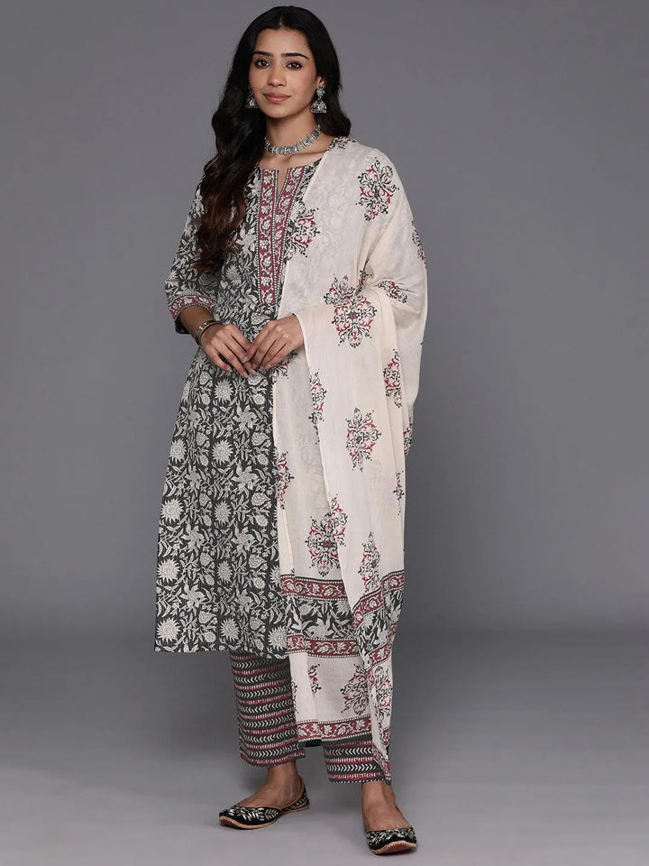 Black Printed Cotton Straight Kurta With Trousers & Dupatta - Libas