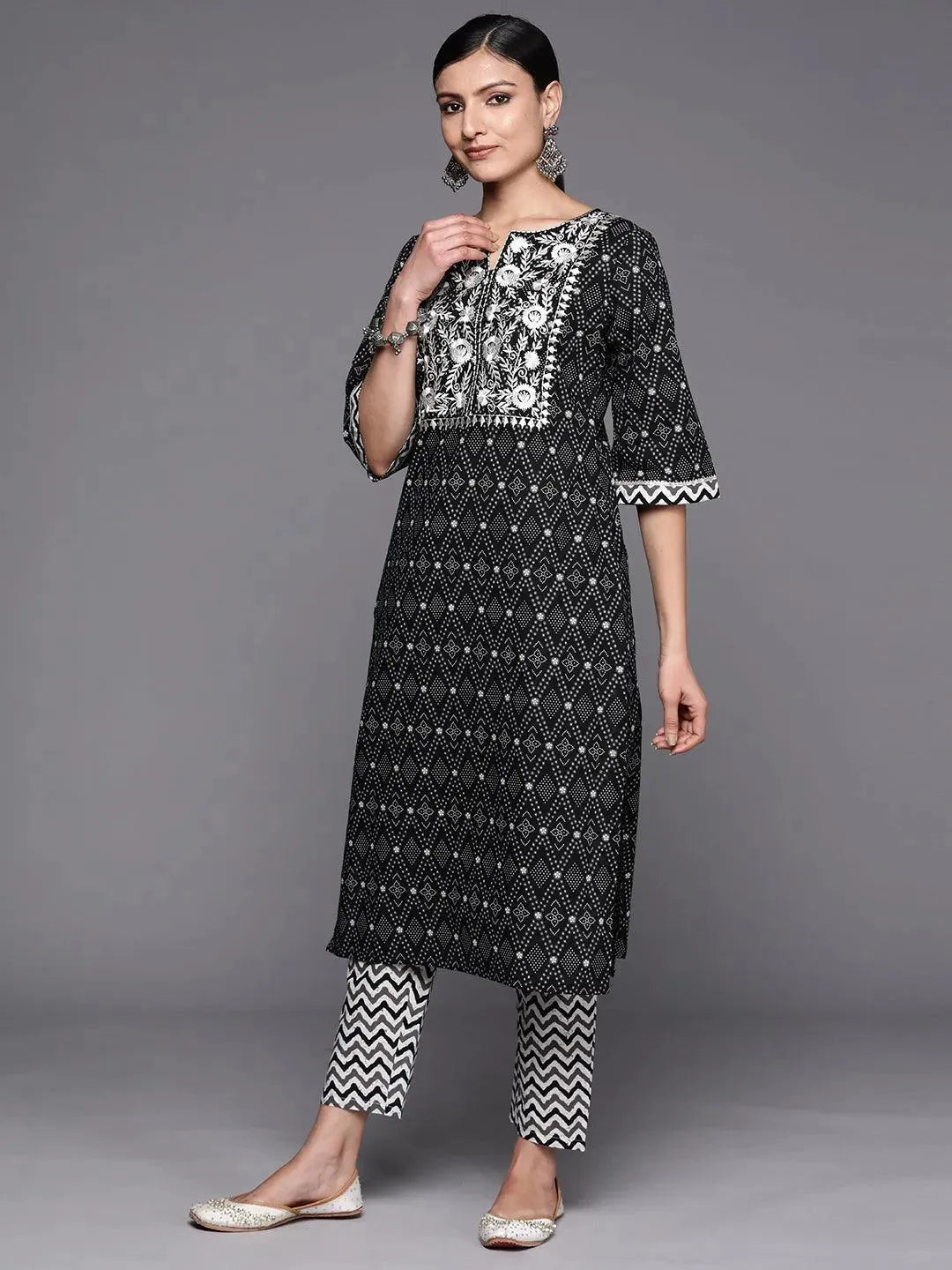 Black Printed Cotton Straight Suit Set With Trousers - Libas