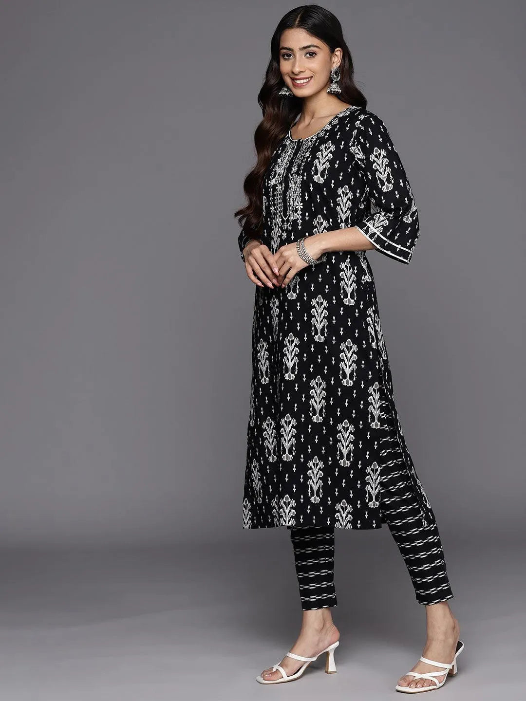 Black Printed Cotton Straight Suit Set With Trousers - Libas