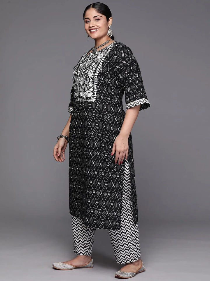 Black Yoke Design Cotton Straight Kurta With Trousers & Dupatta - Libas