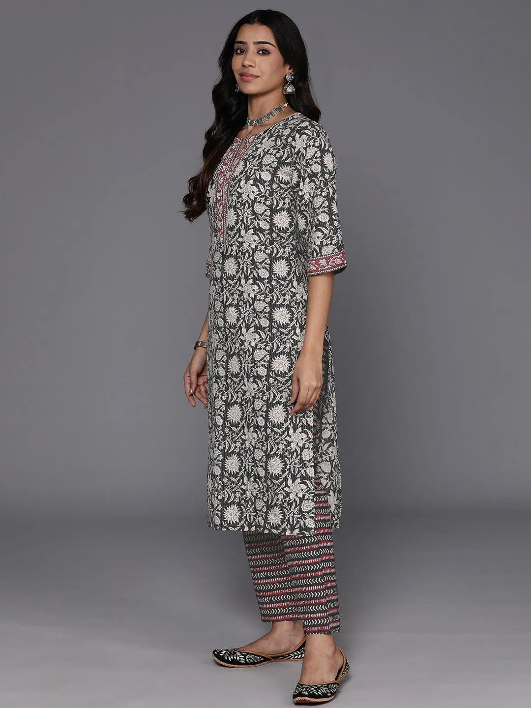 Black Printed Cotton Straight Kurta With Trousers & Dupatta - Libas 
