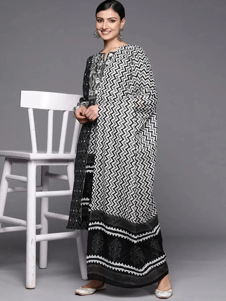 Black Printed Cotton Straight Suit Set With Trousers - Libas