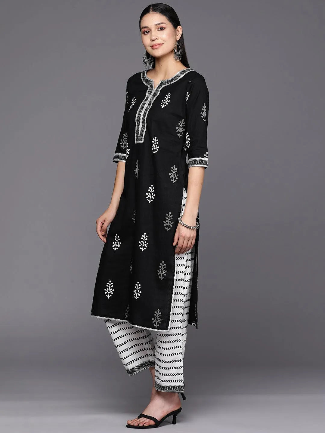 Black Printed Cotton Straight Suit Set With Trousers - Libas 