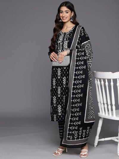 Black Printed Cotton Straight Suit Set With Trousers - Libas