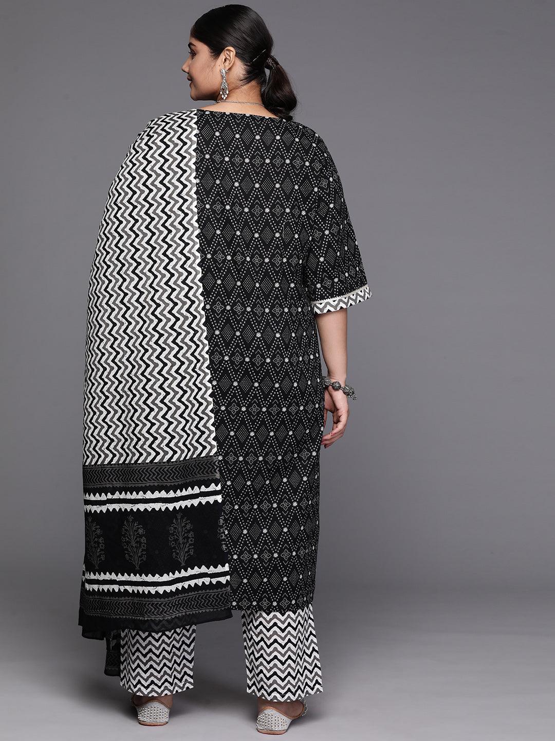 Black Printed Cotton Straight Kurta With Trousers and Dupatta