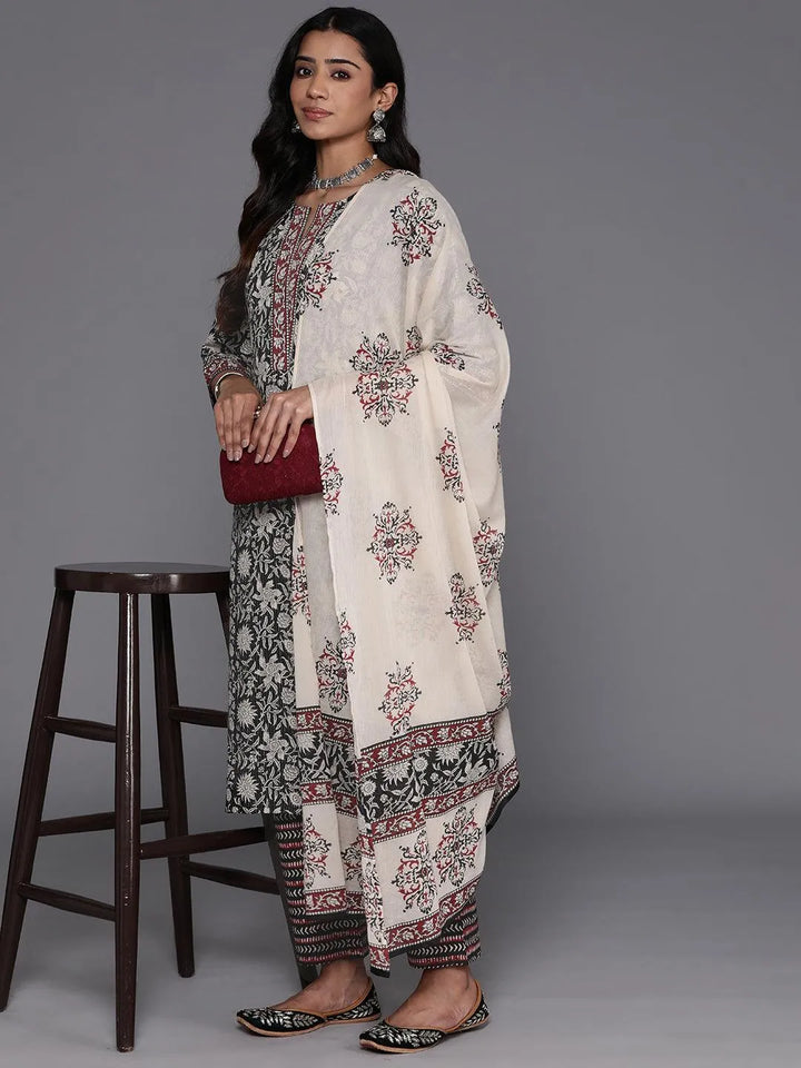 Black Printed Cotton Straight Kurta With Trousers & Dupatta - Libas