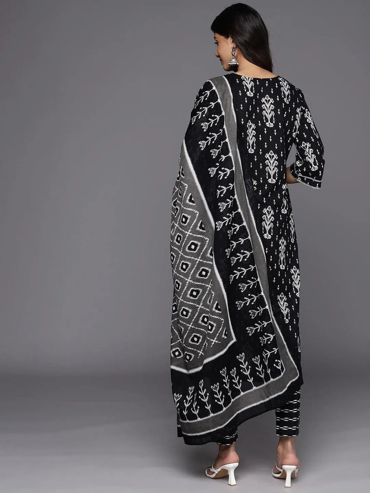 Black Printed Cotton Straight Suit Set With Trousers - Libas