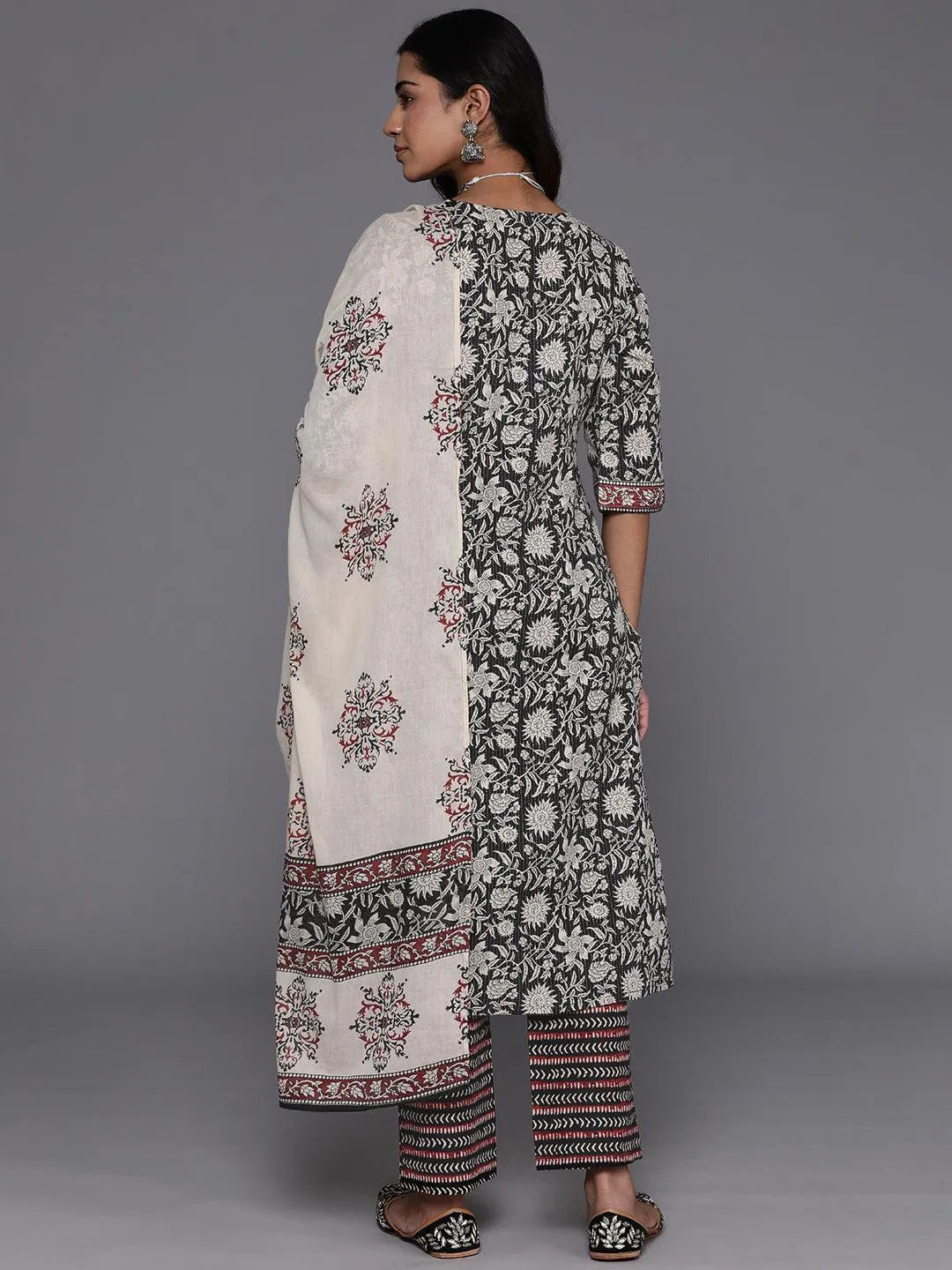 Black Printed Cotton Straight Kurta With Trousers & Dupatta - Libas 