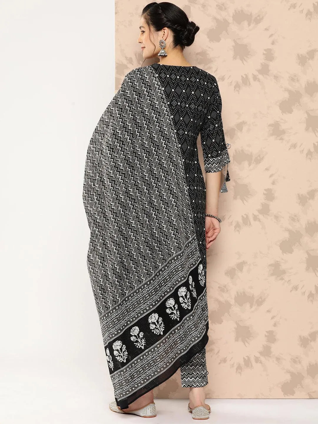 Black Printed Cotton Straight Kurta With Trousers and Dupatta - Libas 
