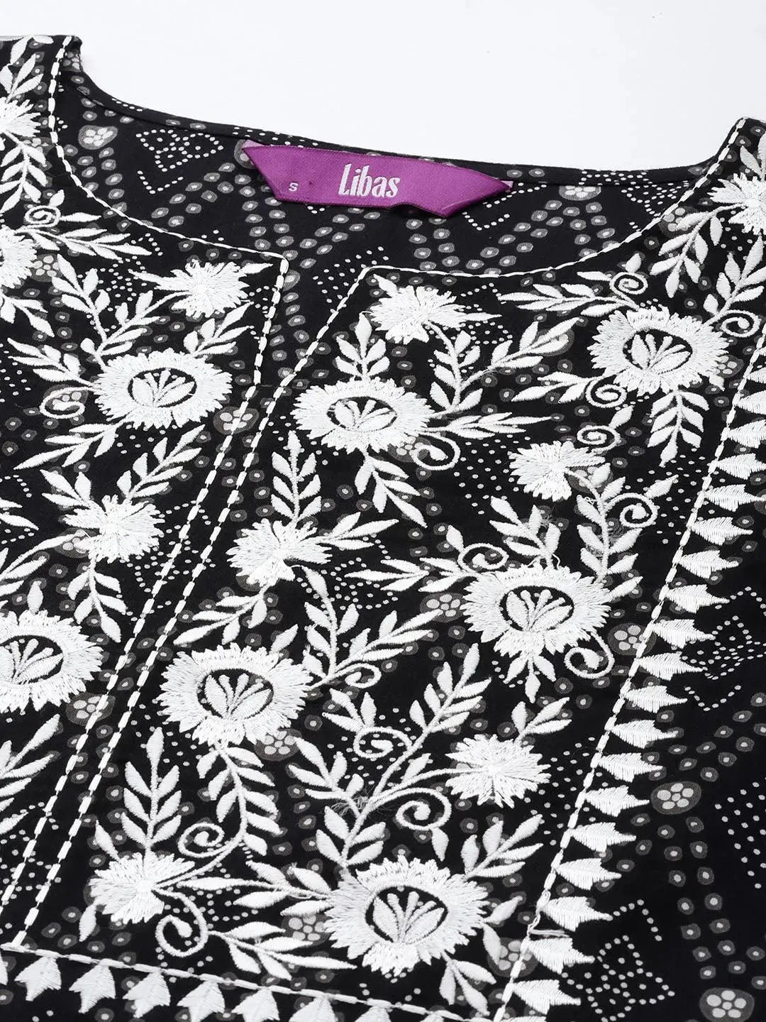 Black Printed Cotton Straight Suit Set With Trousers - Libas 