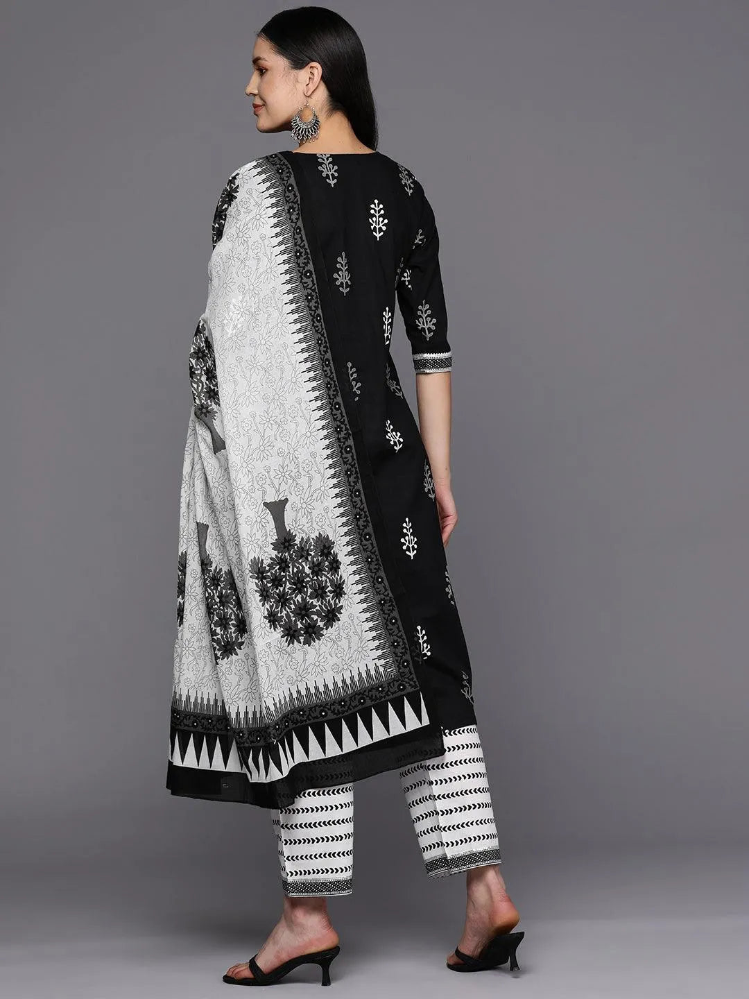 Black Printed Cotton Straight Suit Set With Trousers - Libas 
