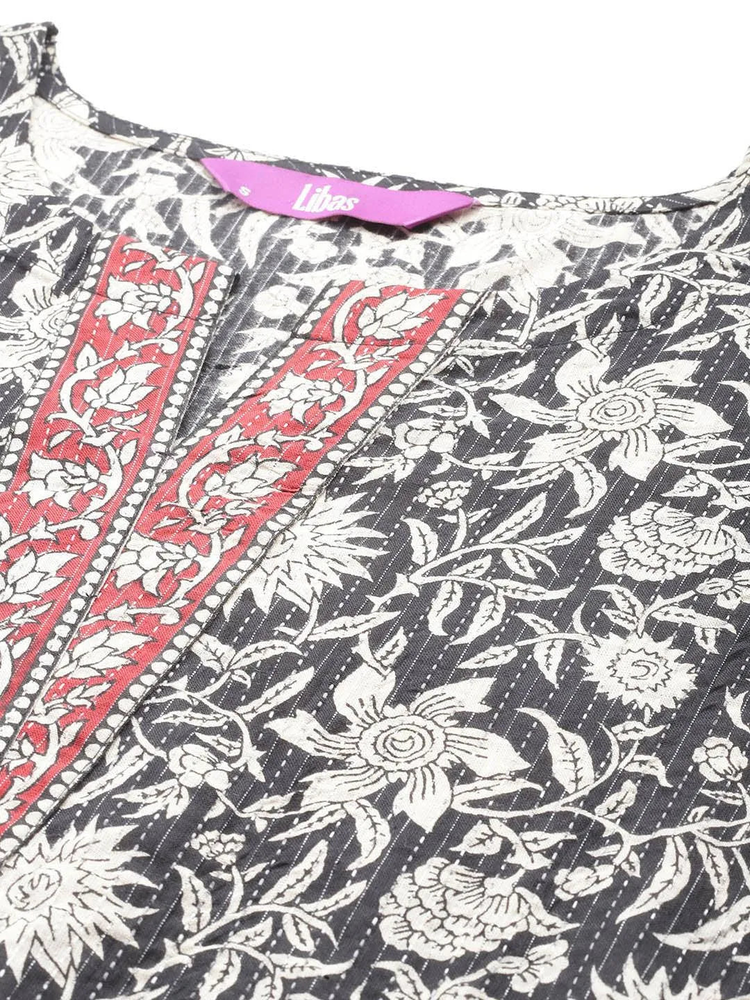 Black Printed Cotton Straight Kurta With Trousers & Dupatta - Libas 