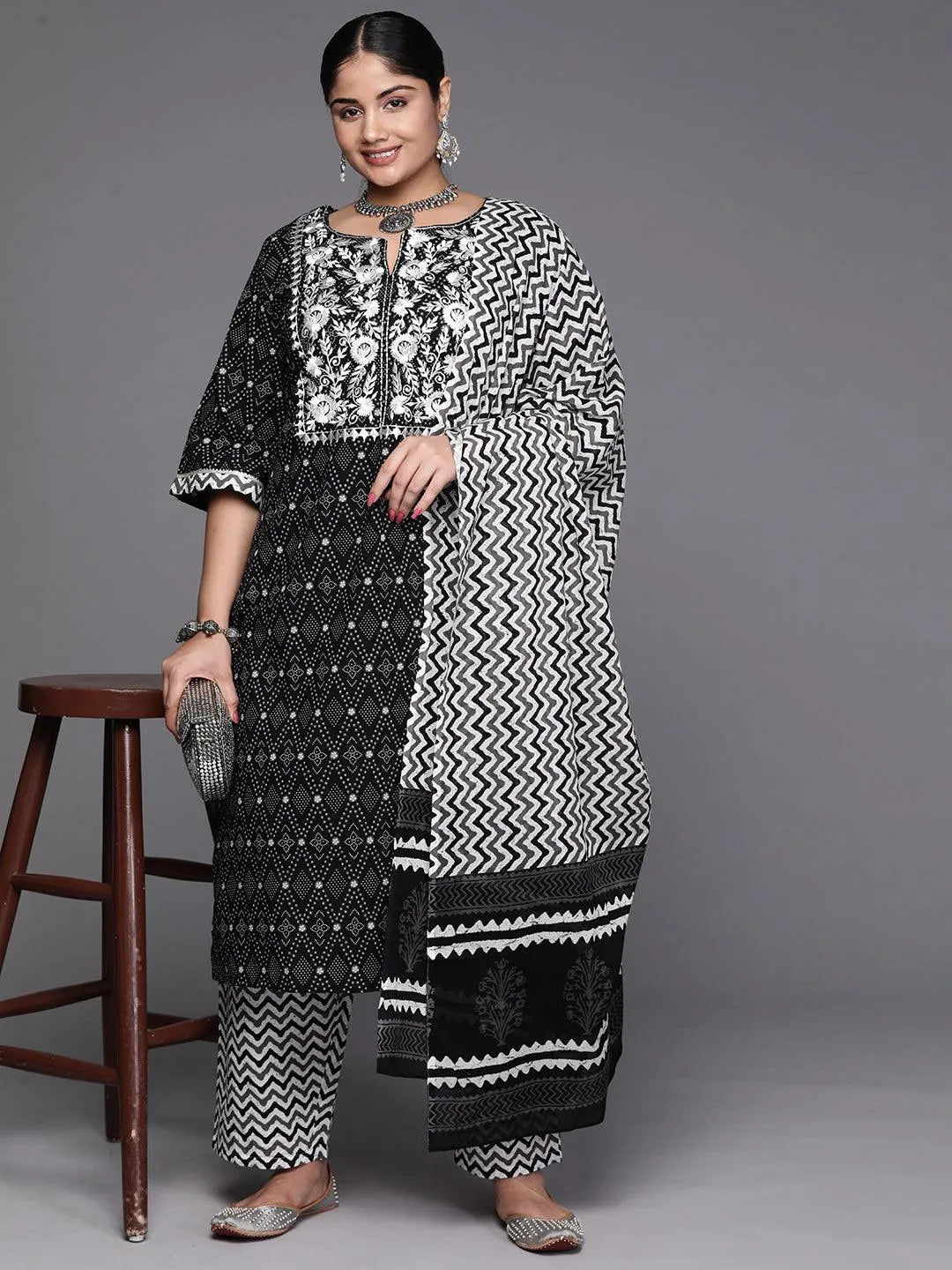 Black Yoke Design Cotton Straight Kurta With Trousers & Dupatta - Libas 