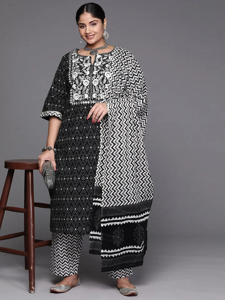 Black Yoke Design Cotton Straight Kurta With Trousers & Dupatta - Libas