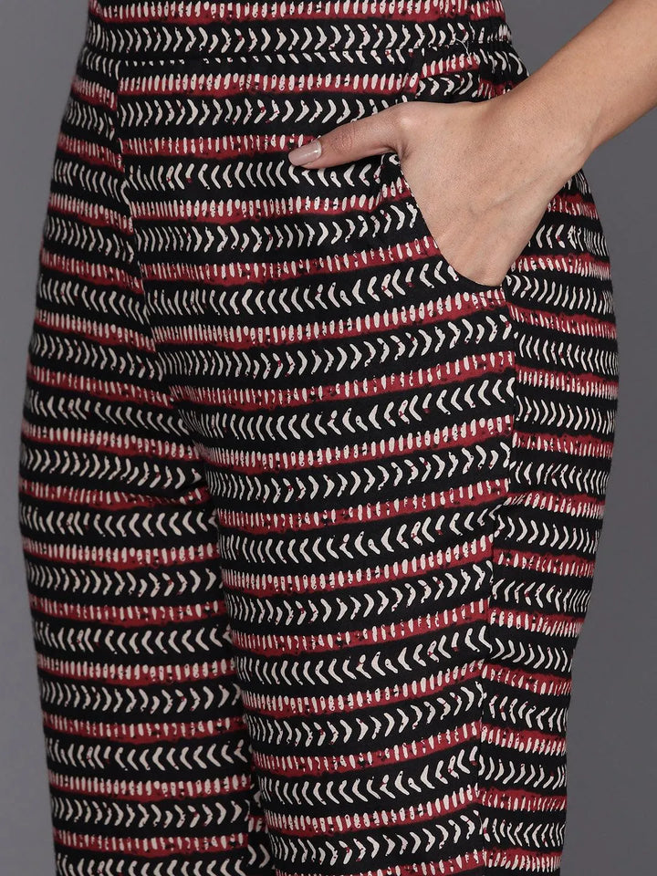 Black Printed Cotton Straight Kurta With Trousers & Dupatta - Libas
