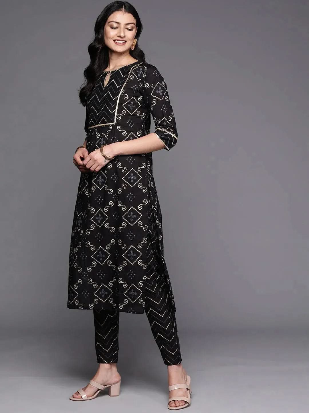 Black Printed Cotton Straight Kurta Set With Trousers - Libas 