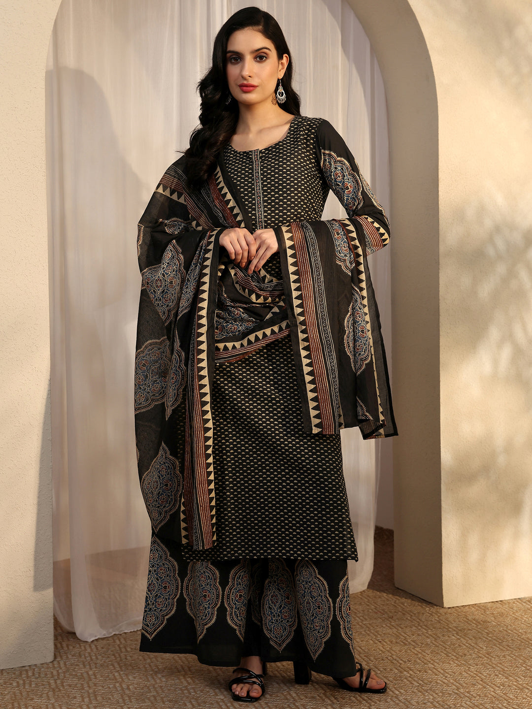 Black Printed Cotton Straight Suit Set With Dupatta