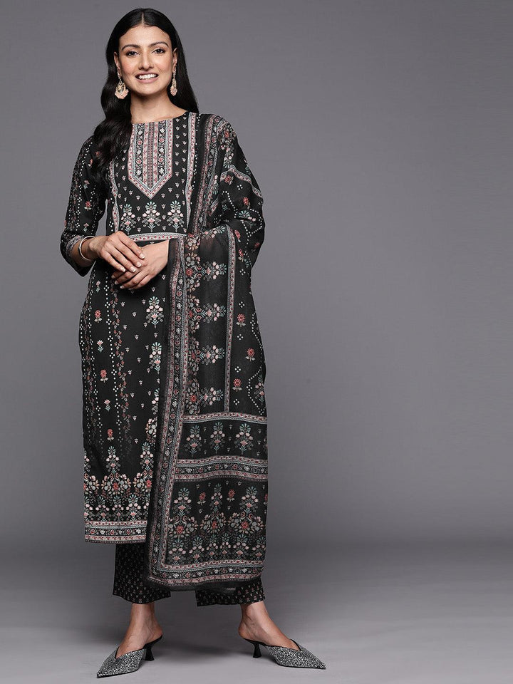 Black Printed Crepe Straight Suit Set With Trousers - Libas
