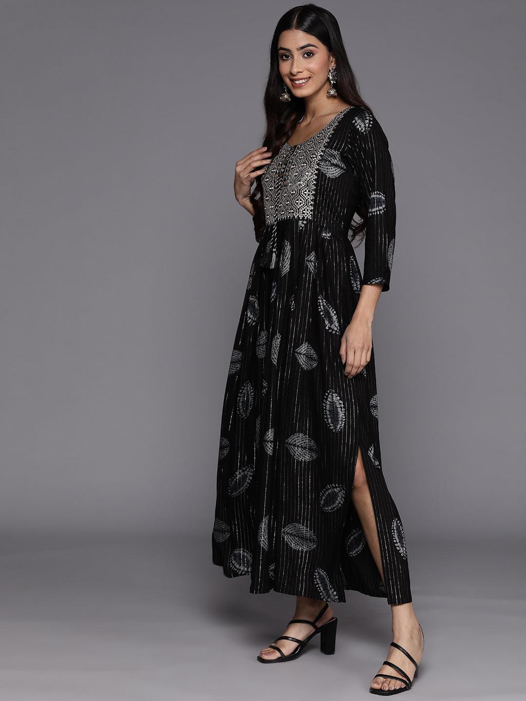 Black Printed Fit and Flare Rayon Dress - Libas