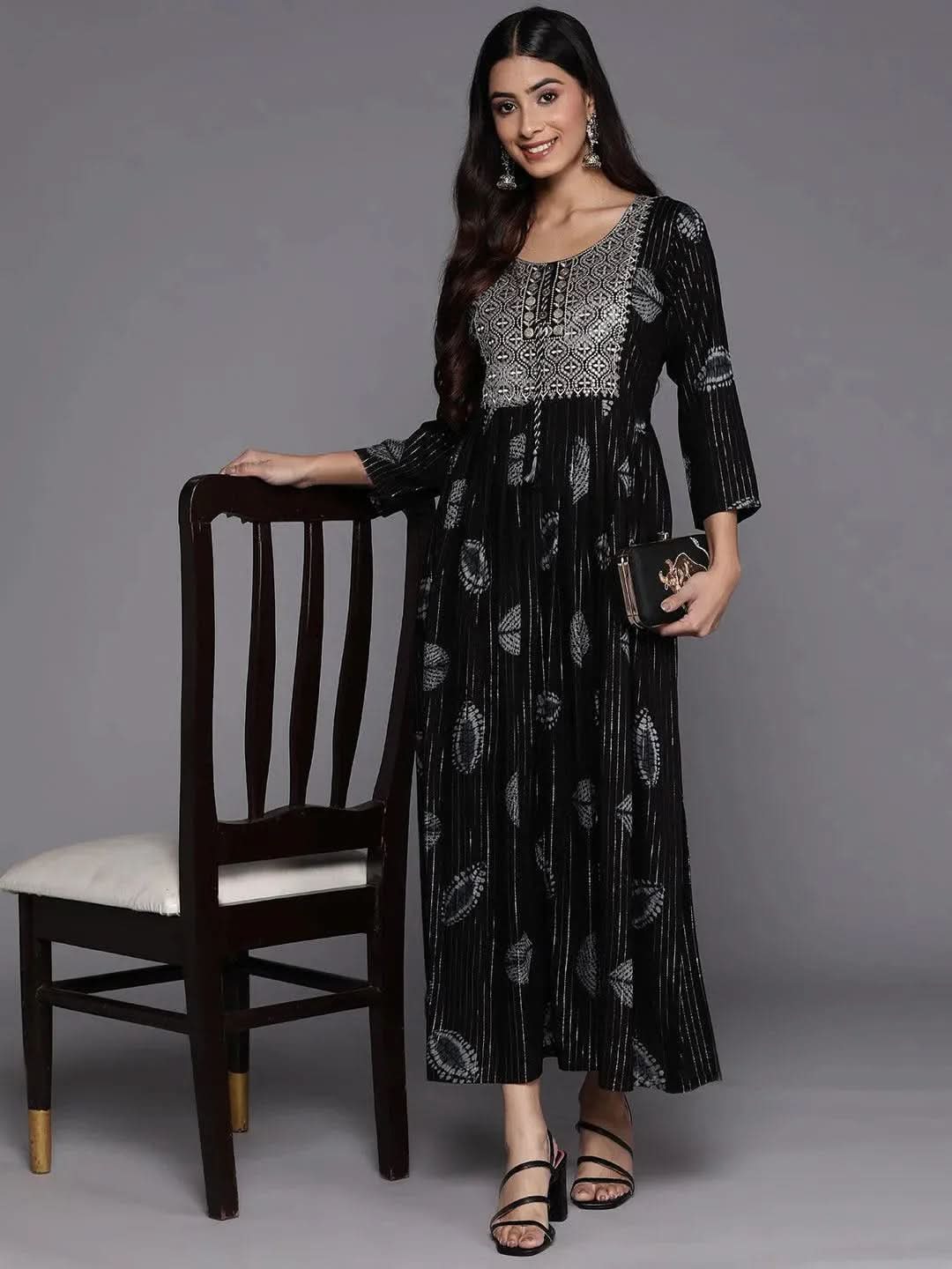 

Black Printed Fit and Flare Rayon Dress