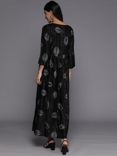 Black Printed Fit and Flare Rayon Dress - Libas