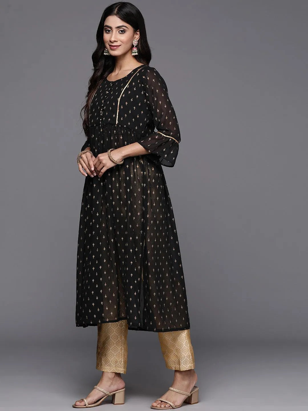 Black Printed Georgette A-Line Kurta - Libas 