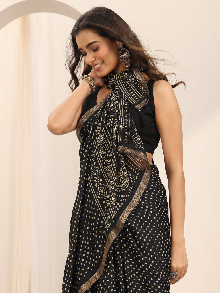 Libas Black Printed Georgette Saree With Unstitched Blouse Piece