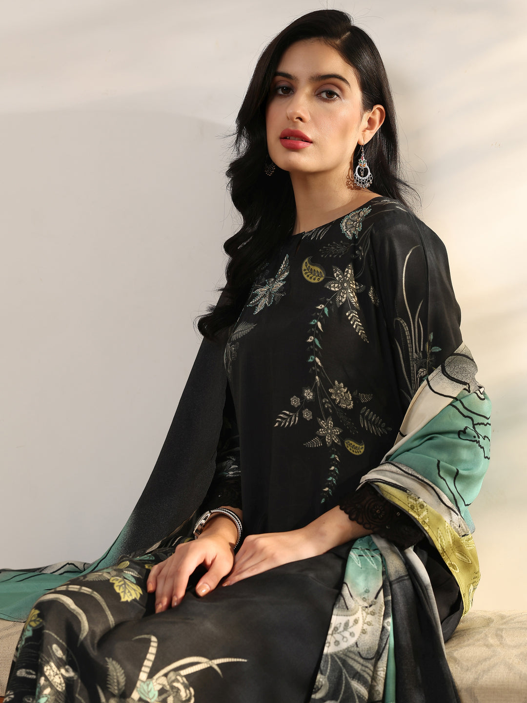 Black Printed Muslin Straight Suit Set With Dupatta