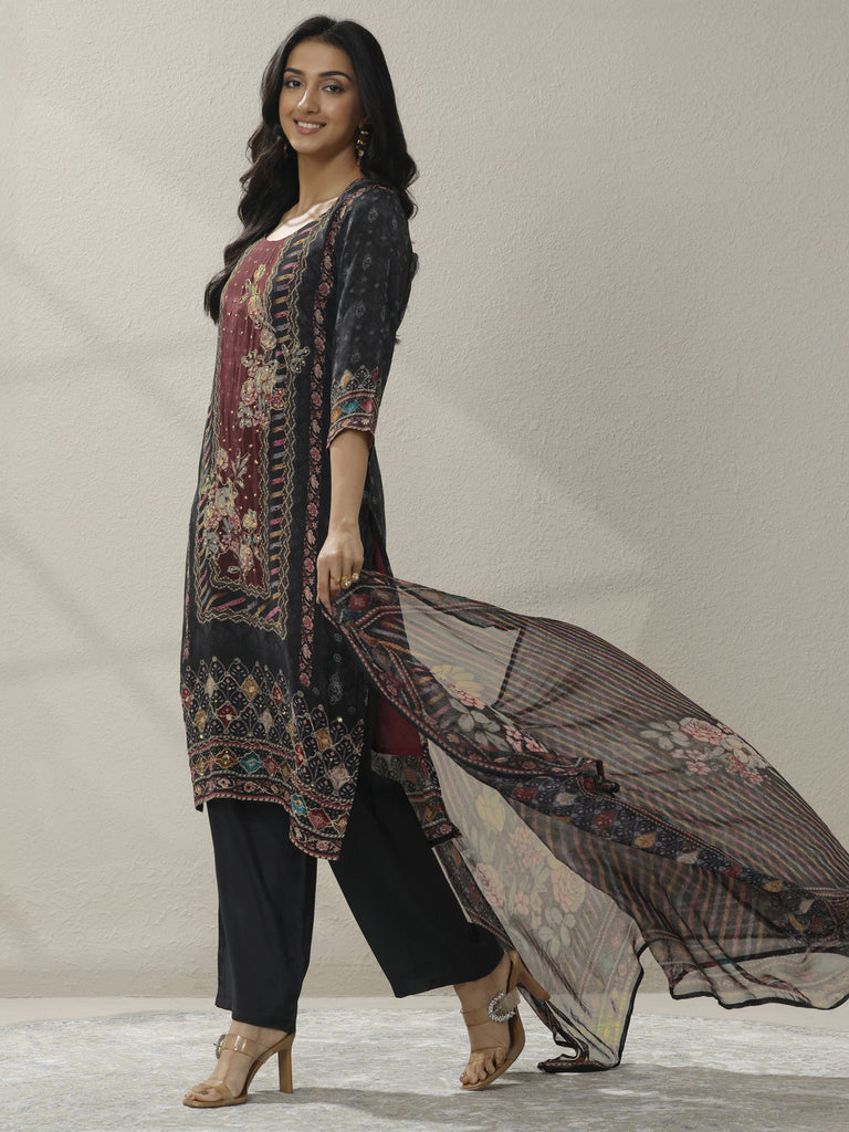 Libas Black Printed Cotton Blend Straight Suit Set With Dupatta