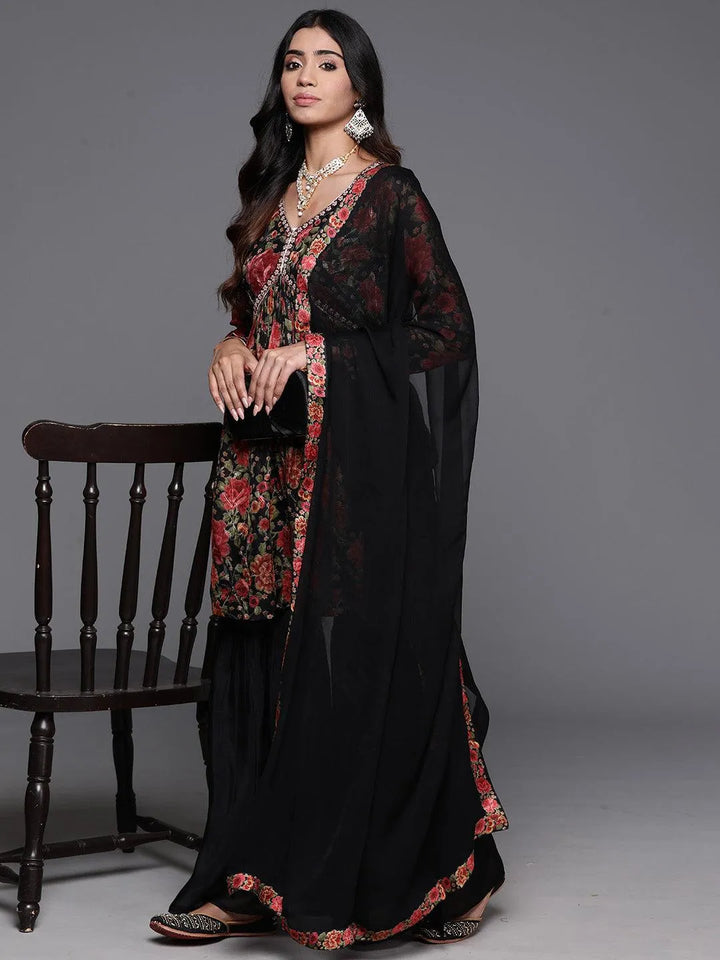 Black Printed Organza A-Line Kurta With Sharara & Dupatta - Libas