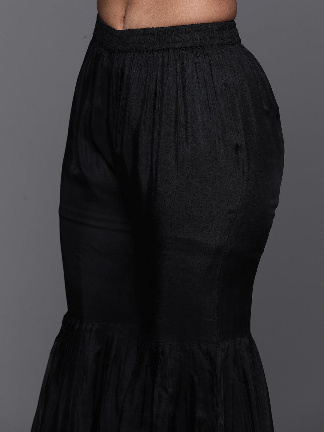 Black Printed Organza A-Line Sharara Suit Set With Dupatta