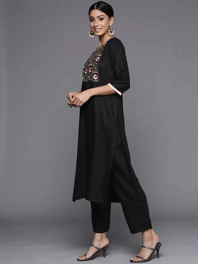 Black Printed Pashmina Wool Kurta - Libas