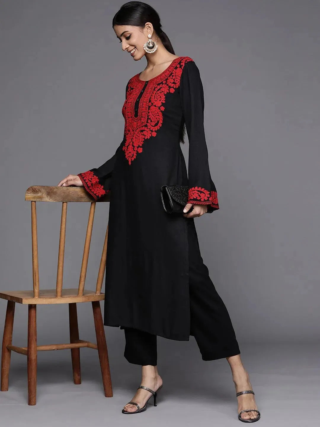 Black Printed Pashmina Wool Kurta - Libas 