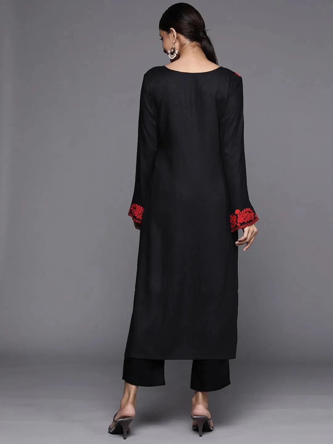 Black Printed Pashmina Wool Kurta - Libas