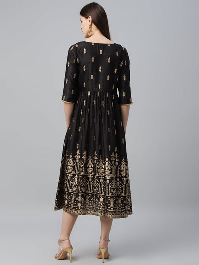 Black Printed Polyester Dress - Libas
