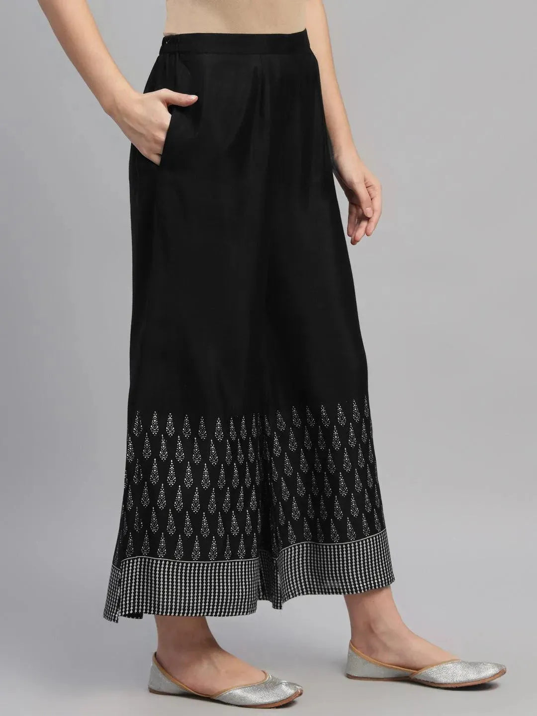 Black Printed Polyester Palazzos - Libas 