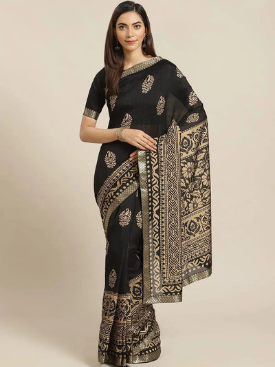 Black Printed Polyester Saree - Libas